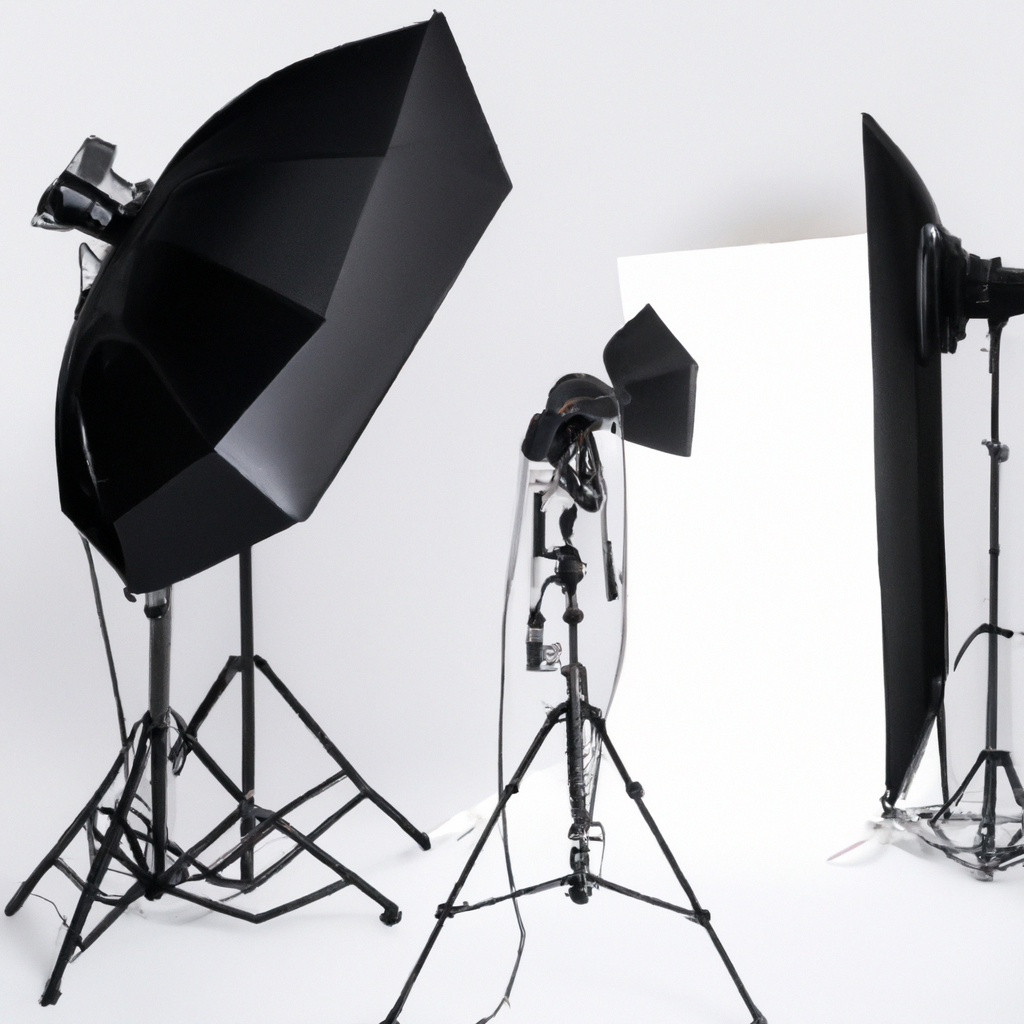 Estudio fotográfico profesional con ciclorama blanco, focos softbox y cámara mirrorless en trípode